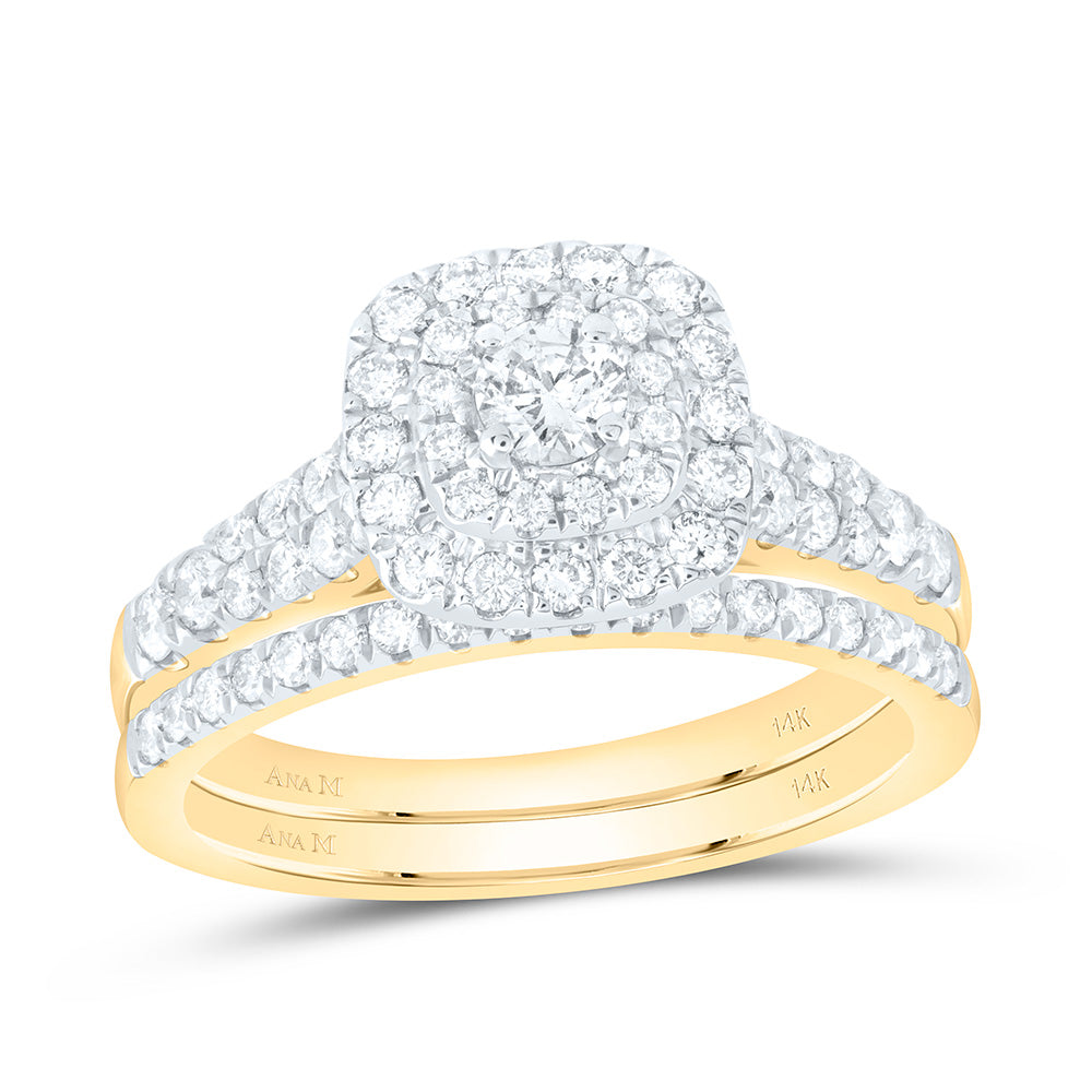 14kt Yellow Gold Round Diamond Halo Bridal Wedding Ring Band Set 1 Cttw