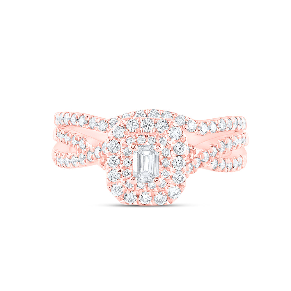 14kt Rose Gold Emerald Diamond Halo Bridal Wedding Ring Band Set 1 Cttw