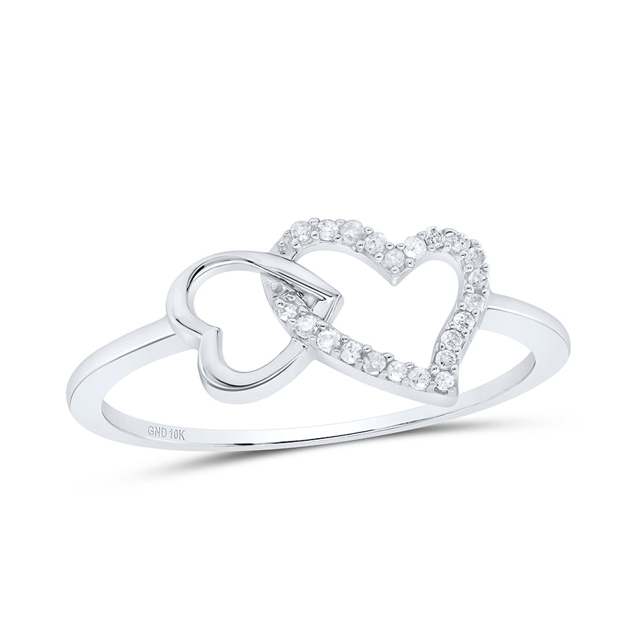 10kt White Gold Womens Round Diamond Double Heart Ring 1/20 Cttw