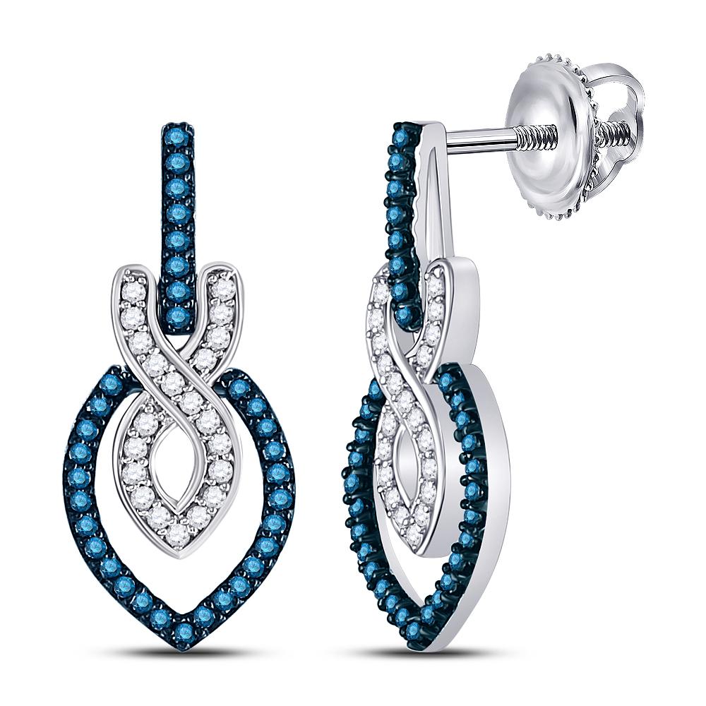 10kt White Gold Womens Round Blue Color Enhanced Diamond Dangle Earrings 1/3 Cttw