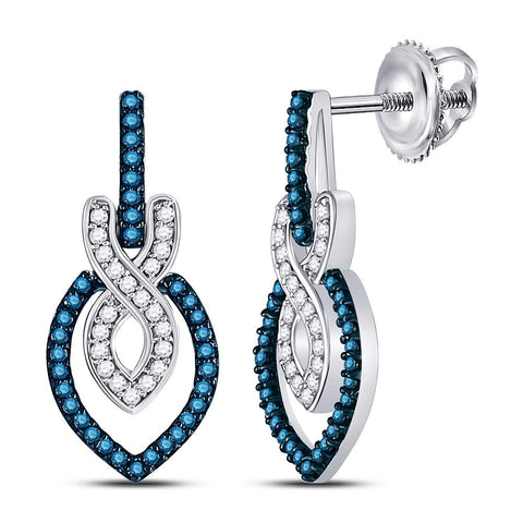 10kt White Gold Womens Round Blue Color Enhanced Diamond Dangle Earrings 1/3 Cttw