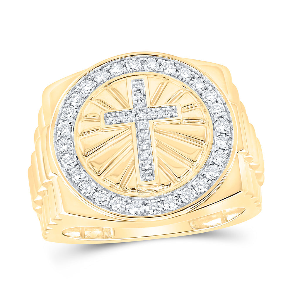 10kt Yellow Gold Mens Round Diamond Cross Circle Ring 1/2 Cttw