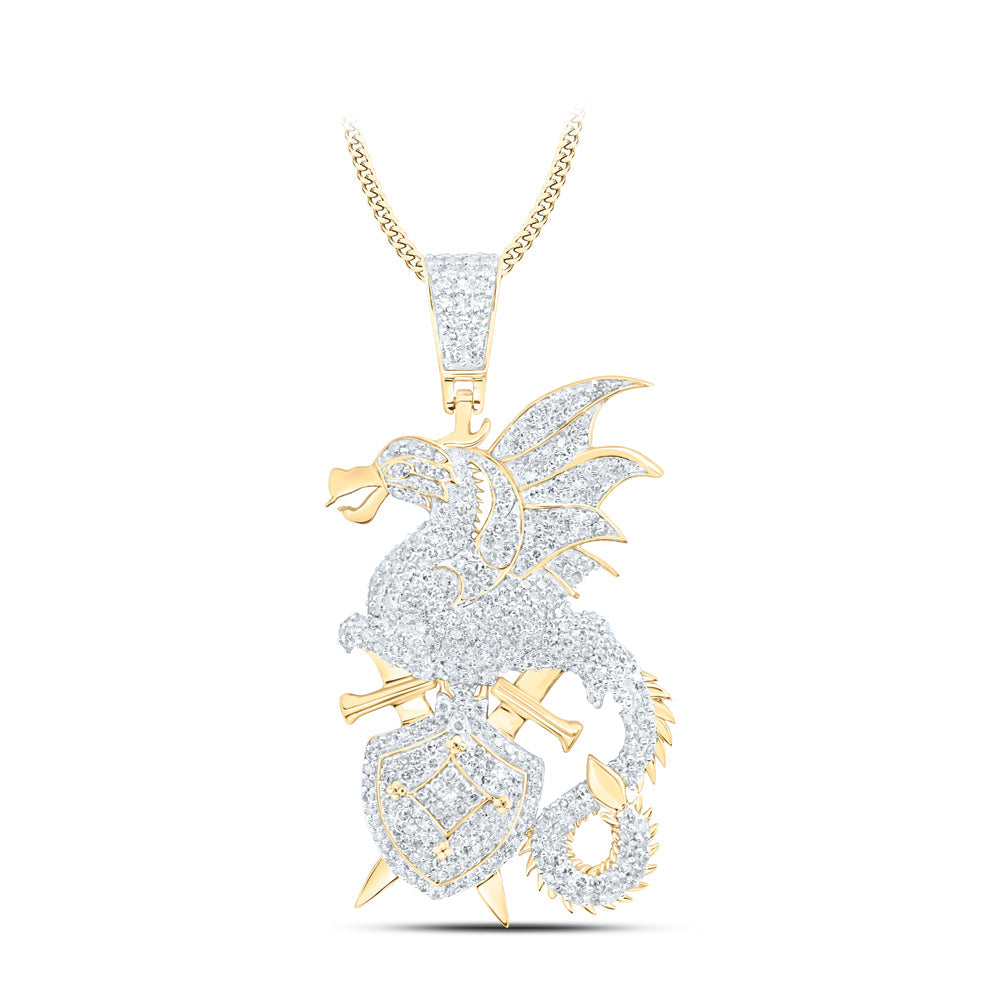 10kt Yellow Gold Mens Round Diamond Dragon Sword Shield Charm Pendant 1-5/8 Cttw