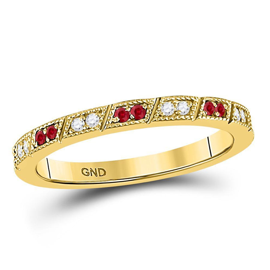 10kt Yellow Gold Womens Round Ruby Diamond Milgrain Stackable Band Ring 1/4 Cttw