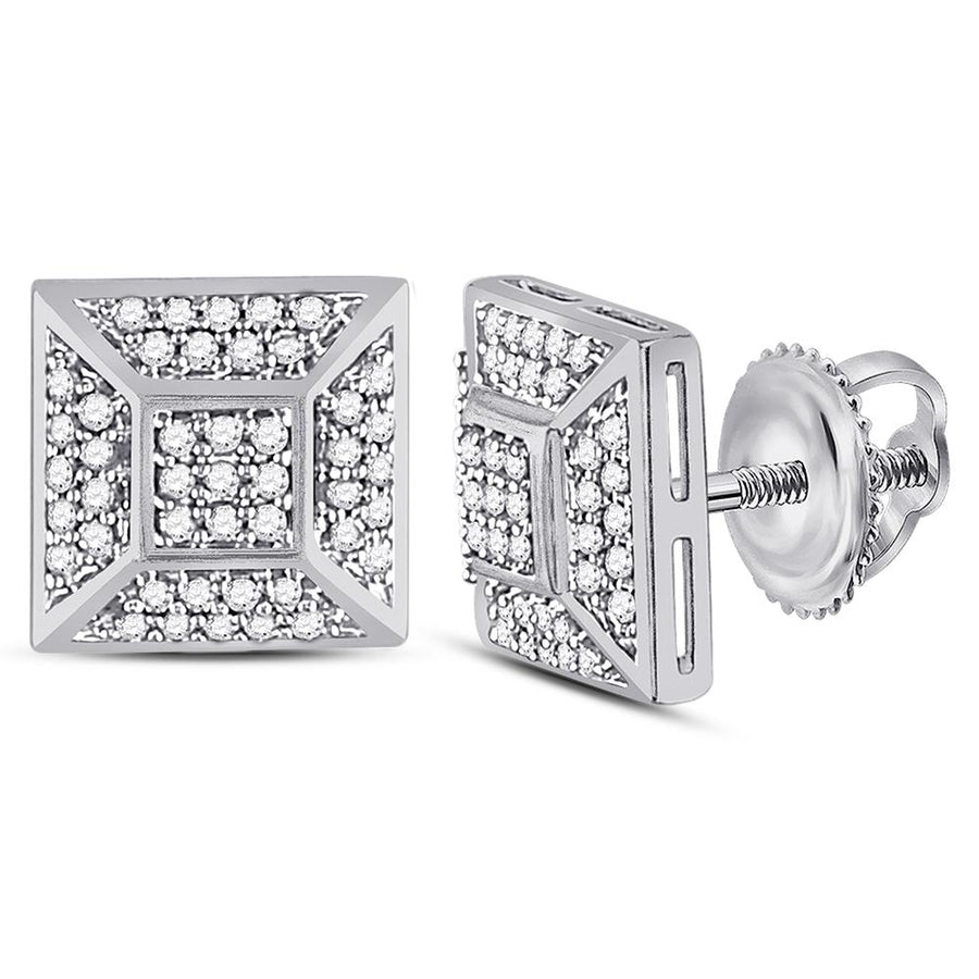10kt White Gold Mens Round Diamond Square Cluster Stud Earrings 1/5 Cttw