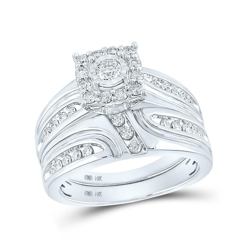 14kt White Gold His Hers Round Diamond Halo Matching Wedding Set 1 Cttw