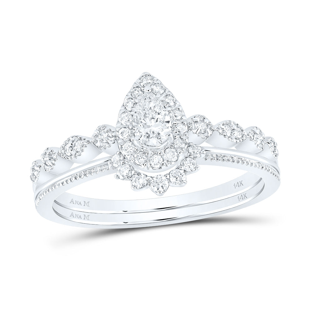 14kt White Gold Pear Diamond Bridal Wedding Ring Band Set 3/8 Cttw