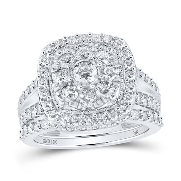 10kt White Gold Round Diamond Cluster Bridal Wedding Ring Band Set 1-7/8 Cttw