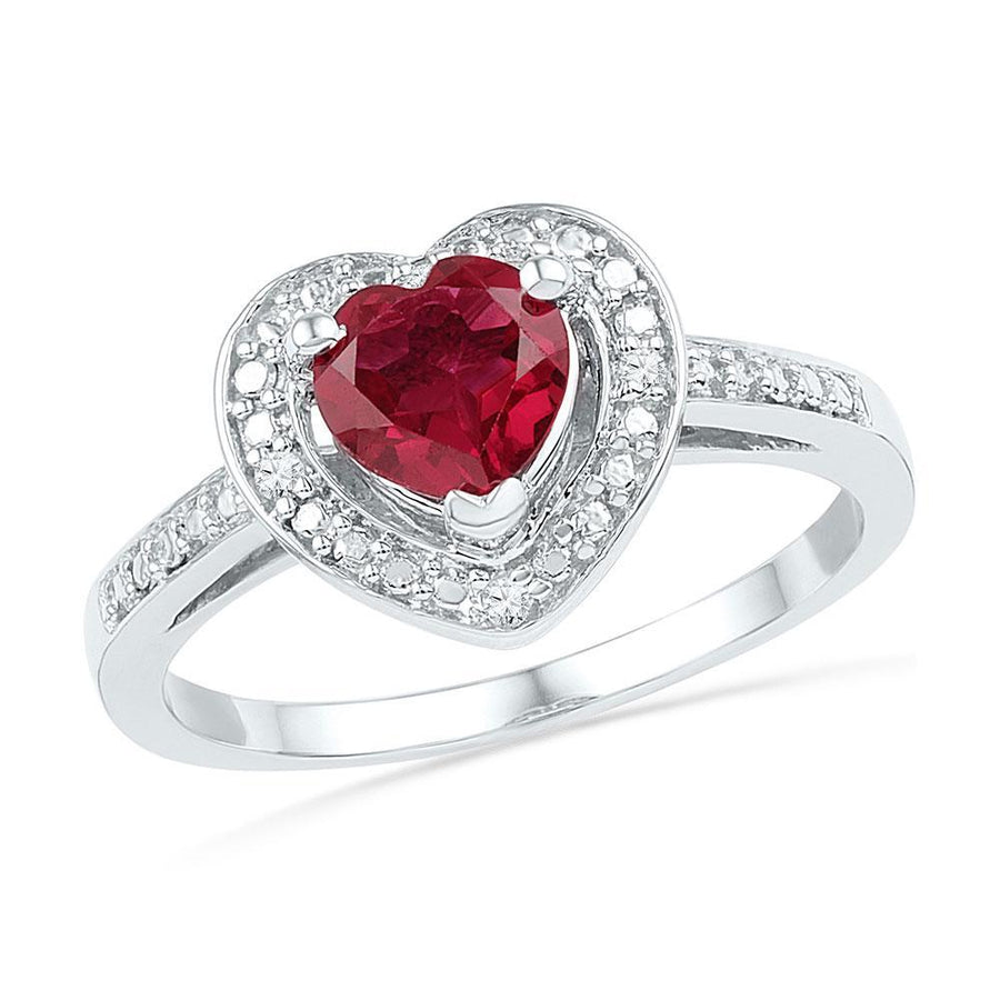 Sterling Silver Womens Round Synthetic Ruby Heart Diamond Ring 1 Cttw