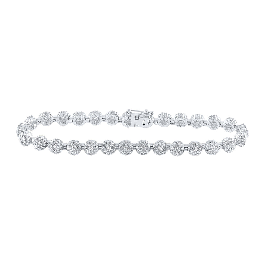 10kt White Gold Womens Round Diamond Flower Cluster Link Bracelet 3-7/8 Cttw