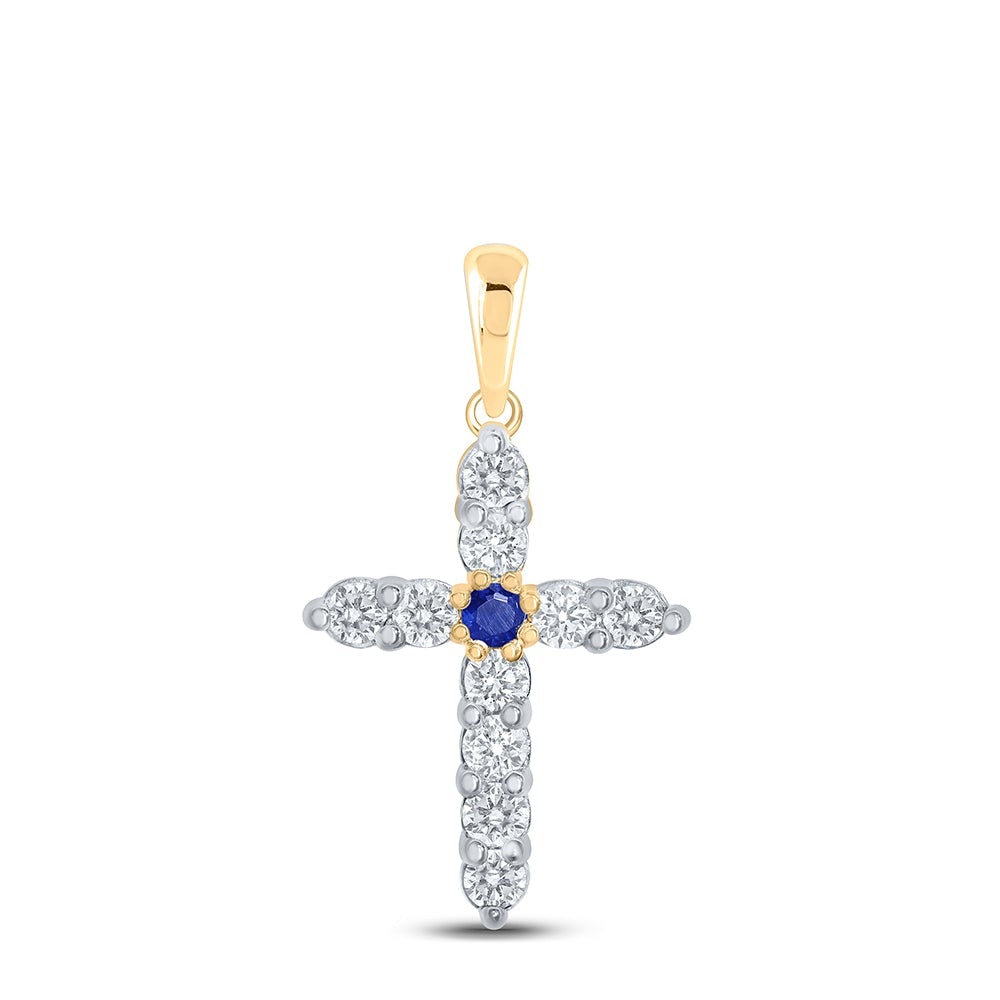 10kt Yellow Gold Womens Round Blue Sapphire Diamond Cross Pendant 1 Cttw