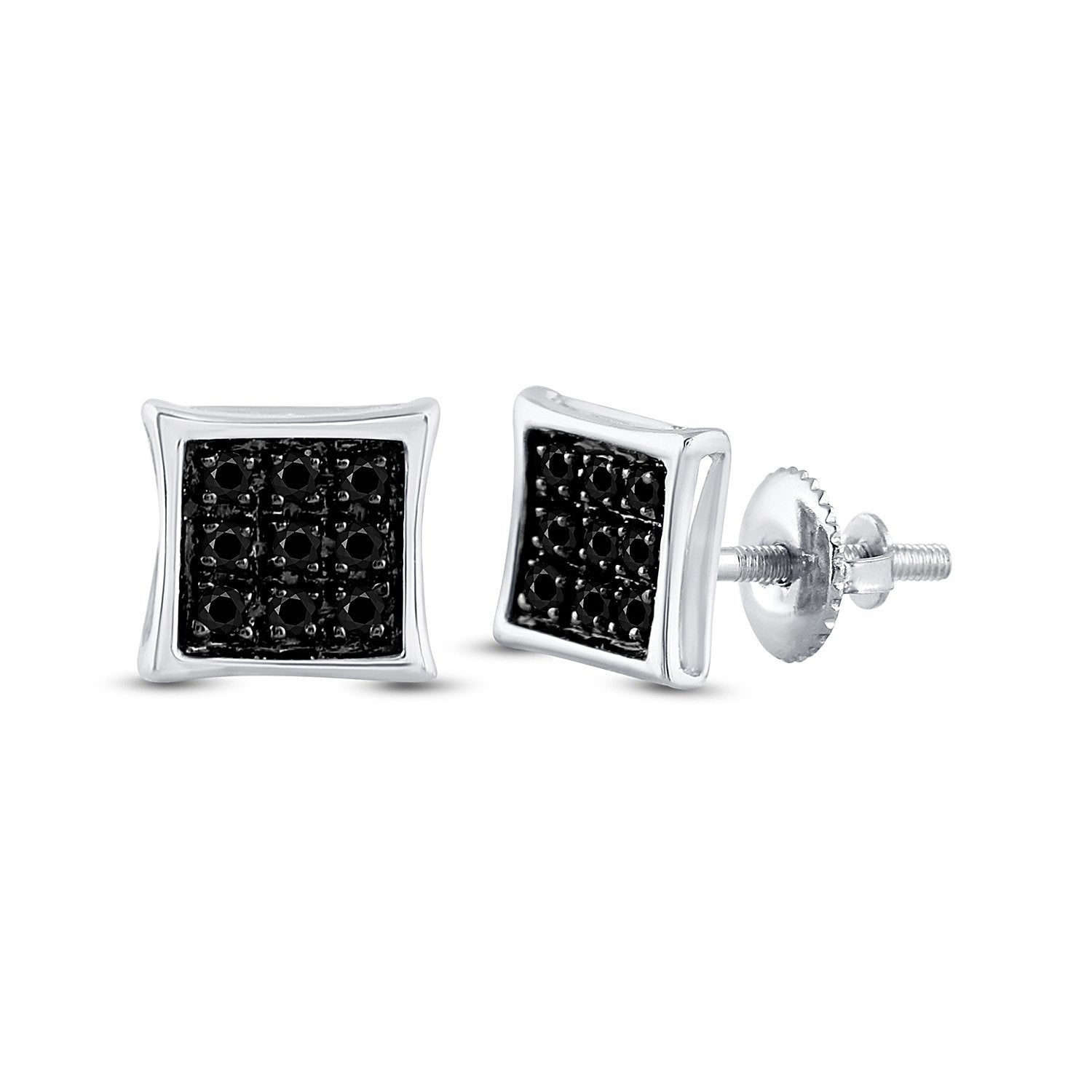 Sterling Silver Round Black Color Enhanced Diamond Square Earrings 1/20 Cttw
