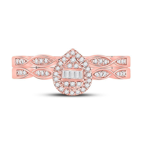 10kt Rose Gold Baguette Diamond Bridal Wedding Ring Band Set 1/5 Cttw