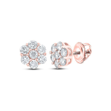 14kt Rose Gold Round Diamond Flower Cluster Earrings 1 Cttw