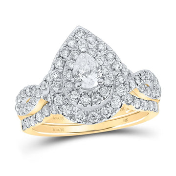 14kt Yellow Gold Pear Diamond Halo Bridal Wedding Ring Band Set 1-1/4 Cttw