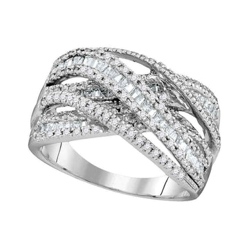 10kt White Gold Womens Round Baguette Diamond Crossover Fashion Band Ring 1 Cttw