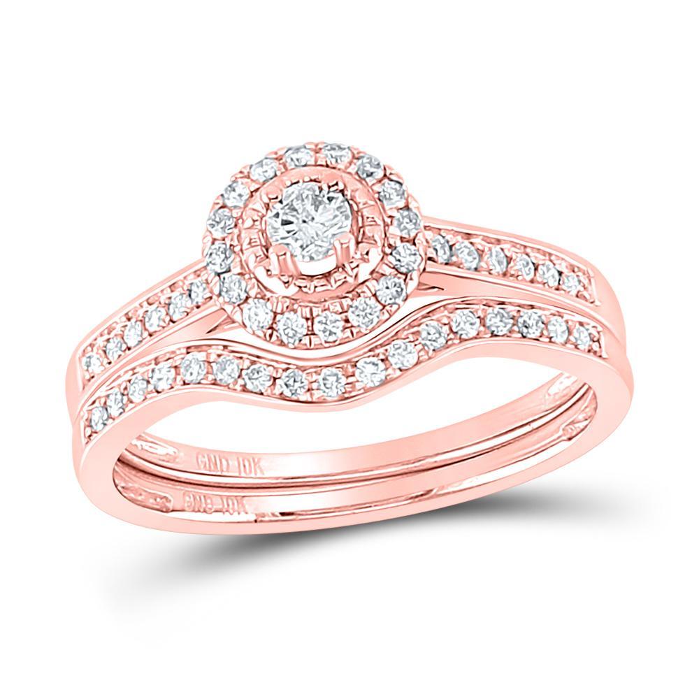 10kt Rose Gold Round Diamond Halo Bridal Wedding Ring Band Set 1/3 Cttw