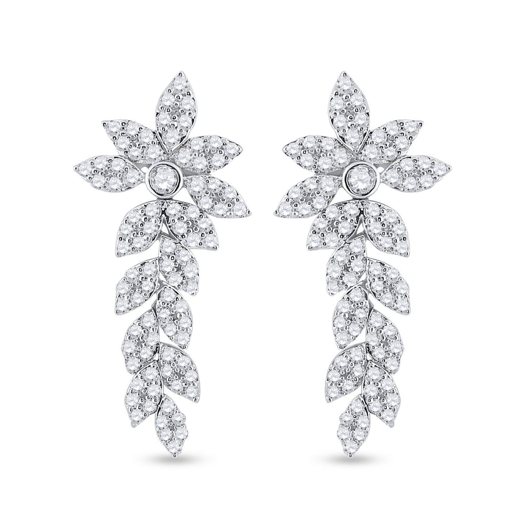 14kt White Gold Womens Round Diamond Leaf Dangle Earrings 1-1/5 Cttw