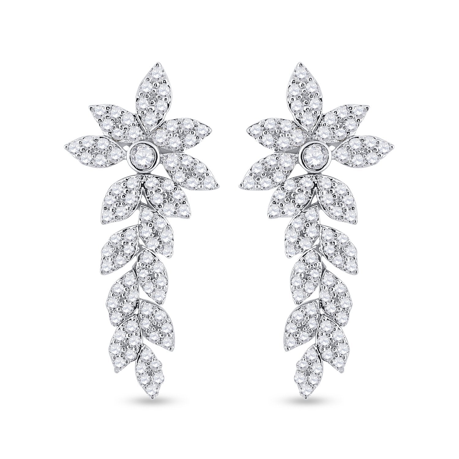 14kt White Gold Womens Round Diamond Leaf Dangle Earrings 1-1/5 Cttw