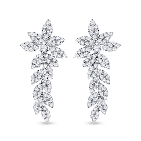 14kt White Gold Womens Round Diamond Leaf Dangle Earrings 1-1/5 Cttw