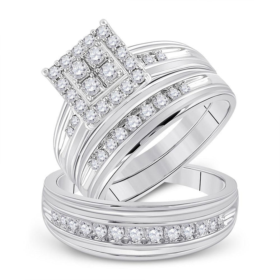 14kt White Gold His Hers Round Diamond Square Matching Wedding Set 1 Cttw