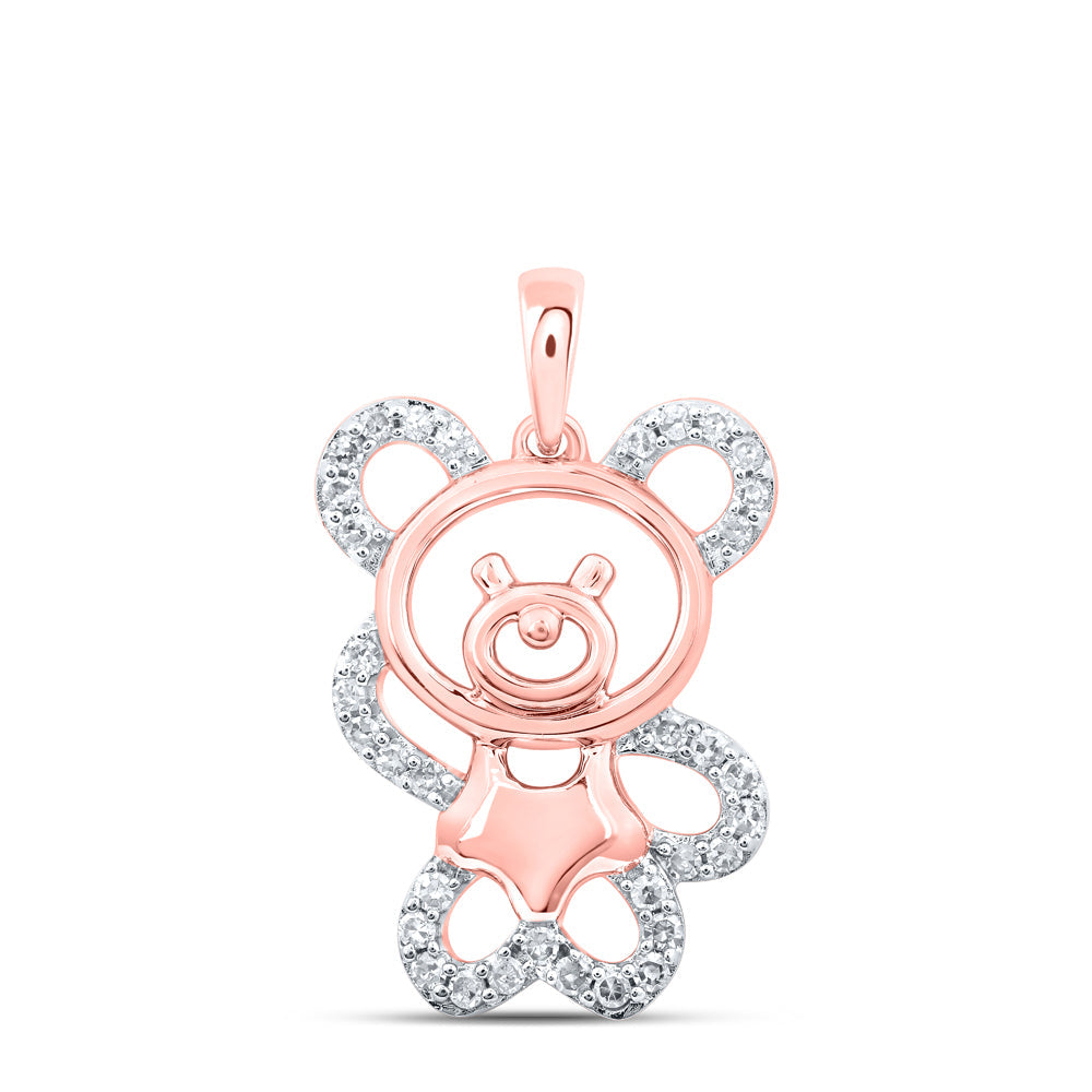 10kt Rose Gold Womens Round Diamond Teddy Bear Animal Pendant 1/6 Cttw