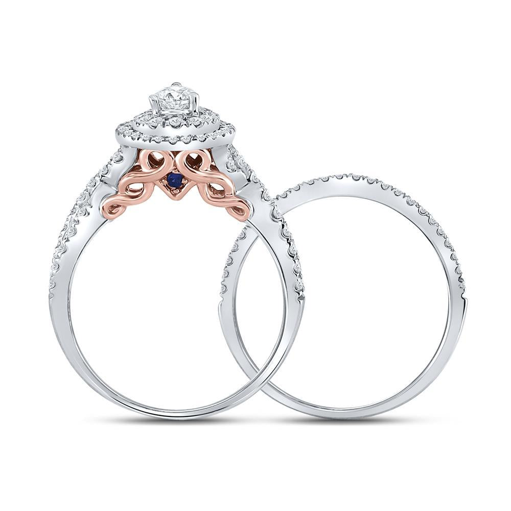 14kt Two-tone Gold Pear Diamond Halo Bridal Wedding Ring Band Set 1 Cttw