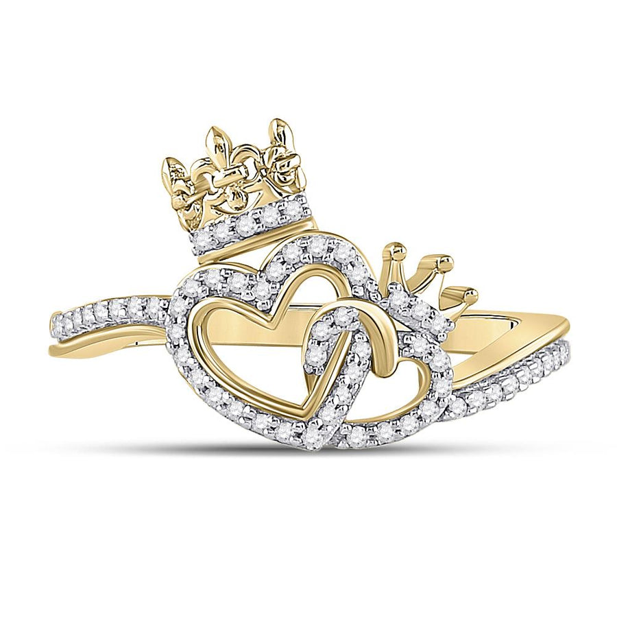 10kt Yellow Gold Womens Round Diamond King Queen Heart Ring 1/6 Cttw