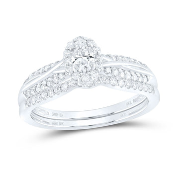 10kt White Gold Oval Diamond Halo Bridal Wedding Ring Band Set 1/2 Cttw