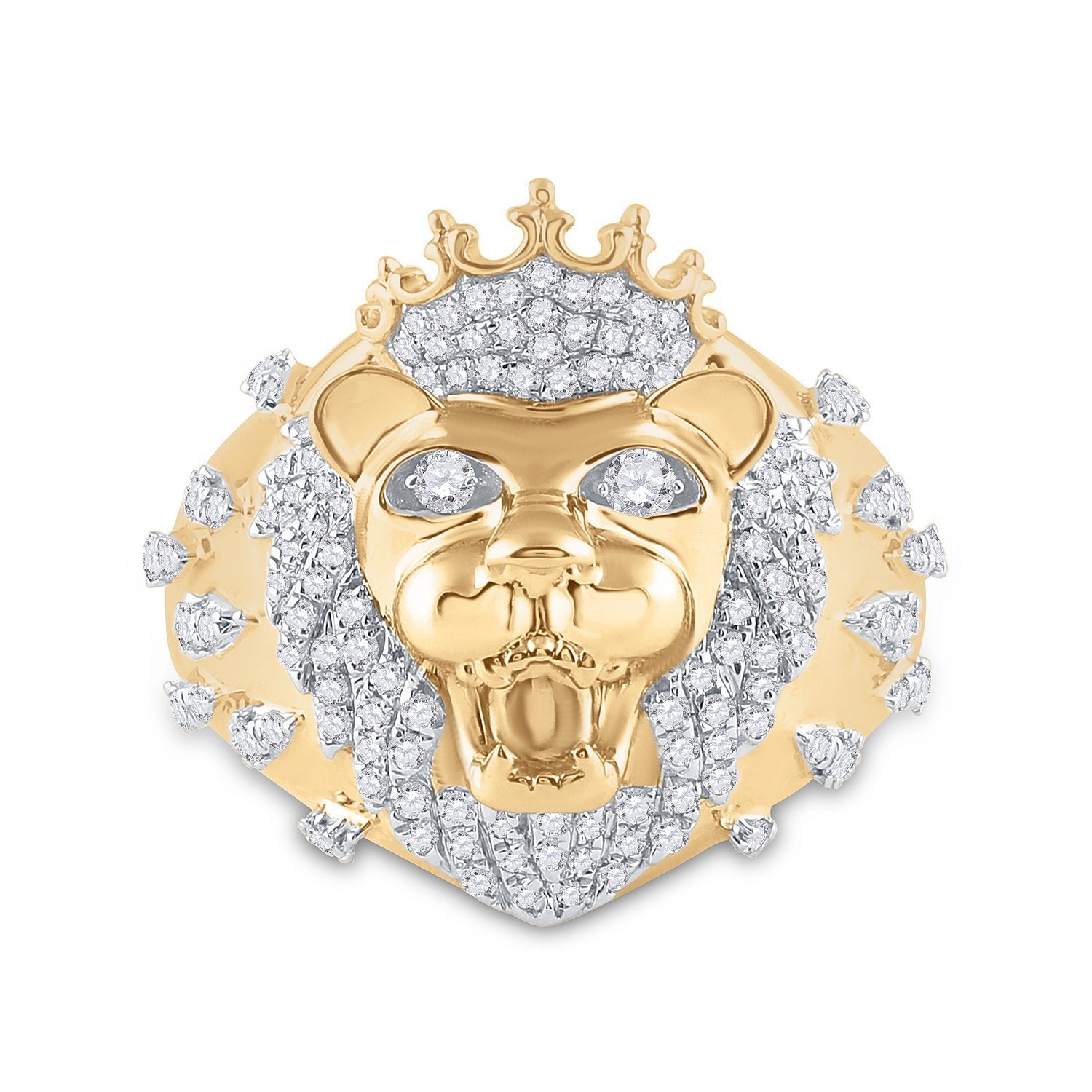 10kt Yellow Gold Mens Round Diamond Lion Head Crown Animal Ring 7/8 Cttw