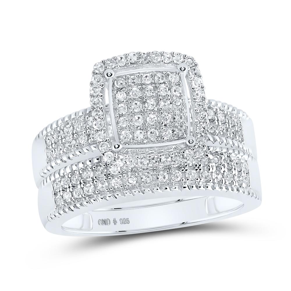 Sterling Silver His Hers Round Diamond Square Matching Wedding Set 7/8 Cttw