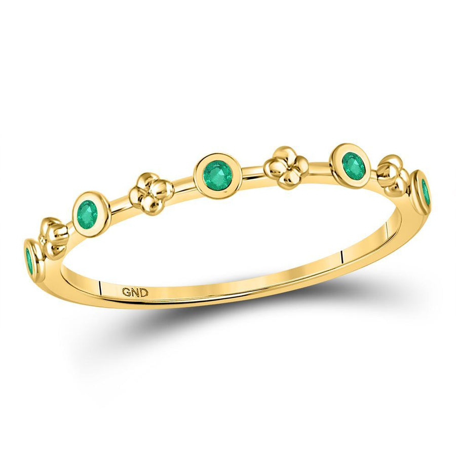 10kt Yellow Gold Womens Round Emerald Dot Flower Stackable Band Ring 1/12 Cttw