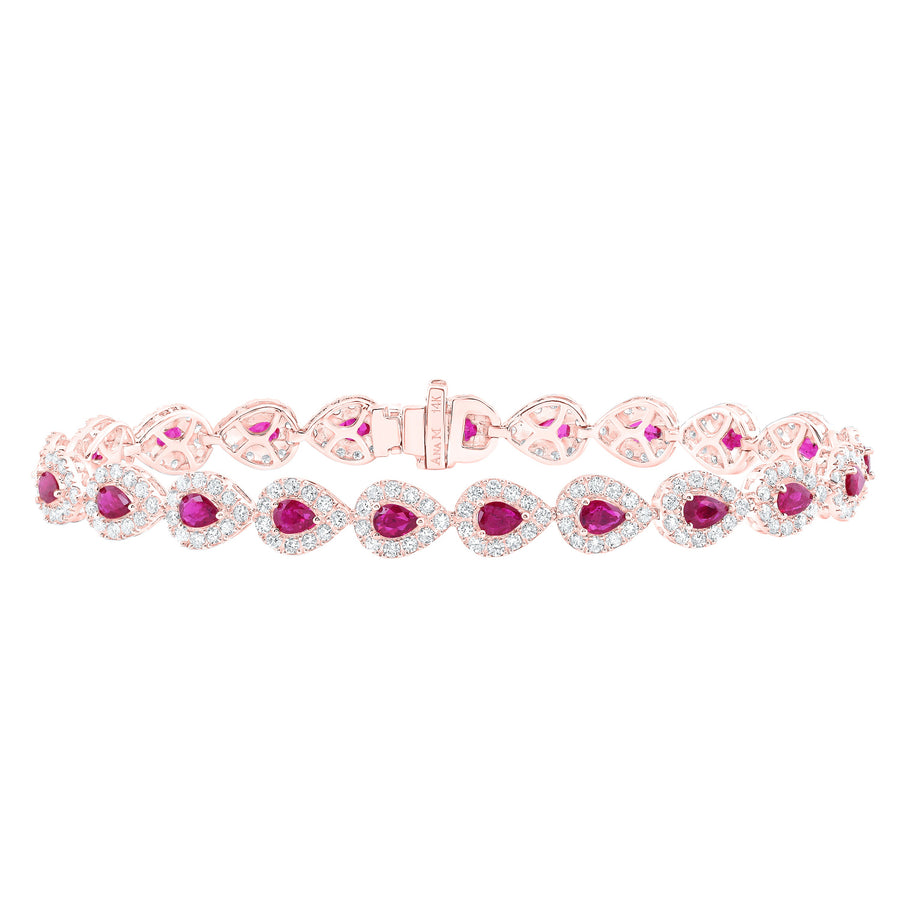 14kt Rose Gold Womens Pear Ruby Diamond Tennis Bracelet 5-1/2 Cttw