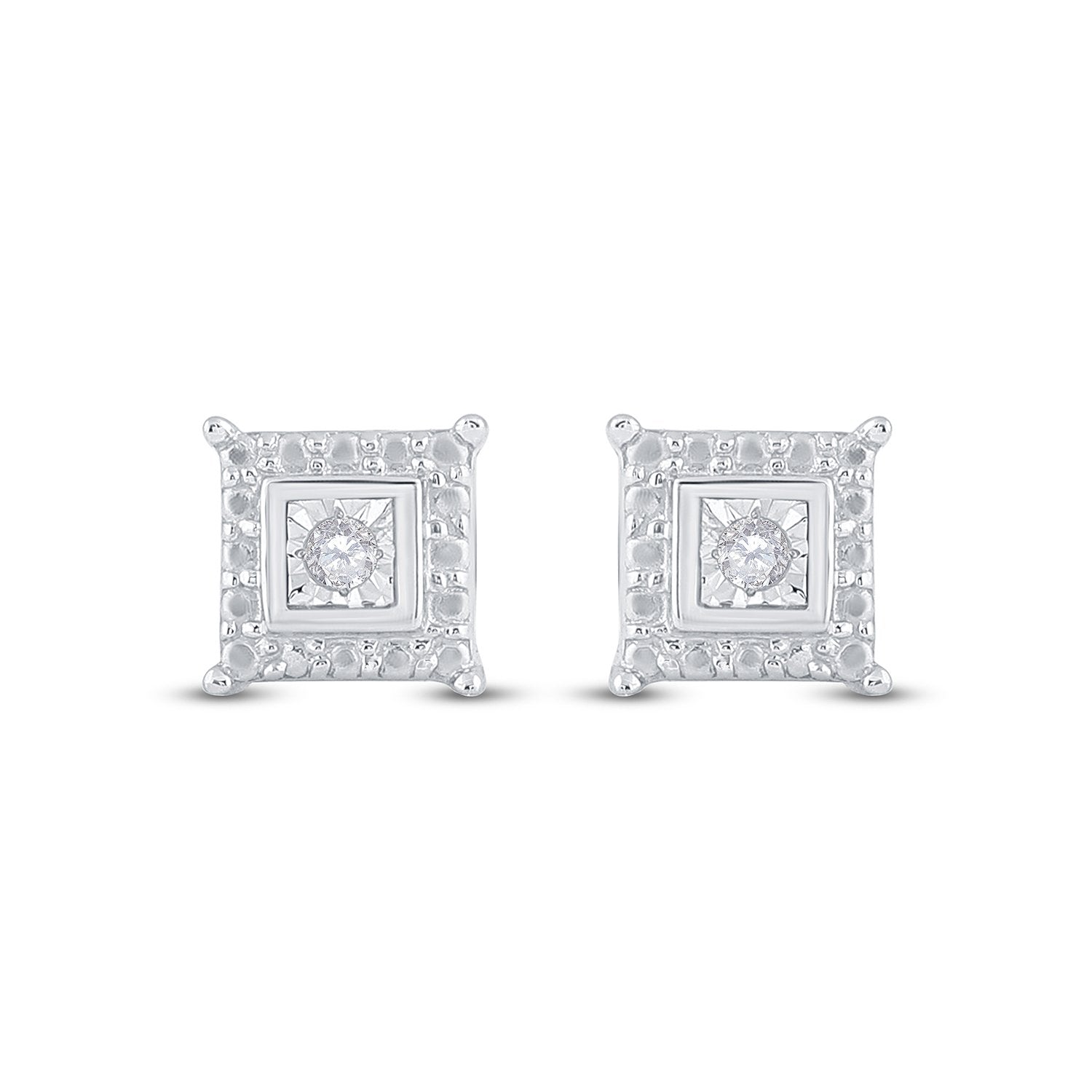 Sterling Silver Womens Round Diamond Square Earrings 1/20 Cttw