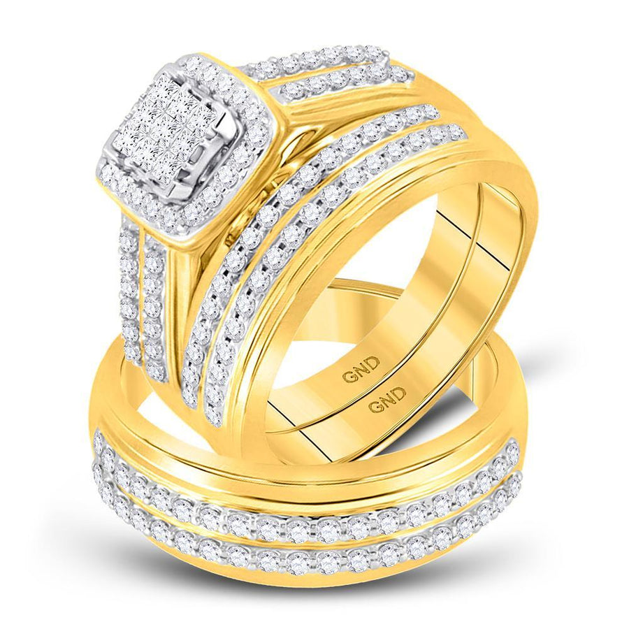 10kt Yellow Gold His Hers Princess Diamond Cluster Matching Wedding Set 1 Cttw