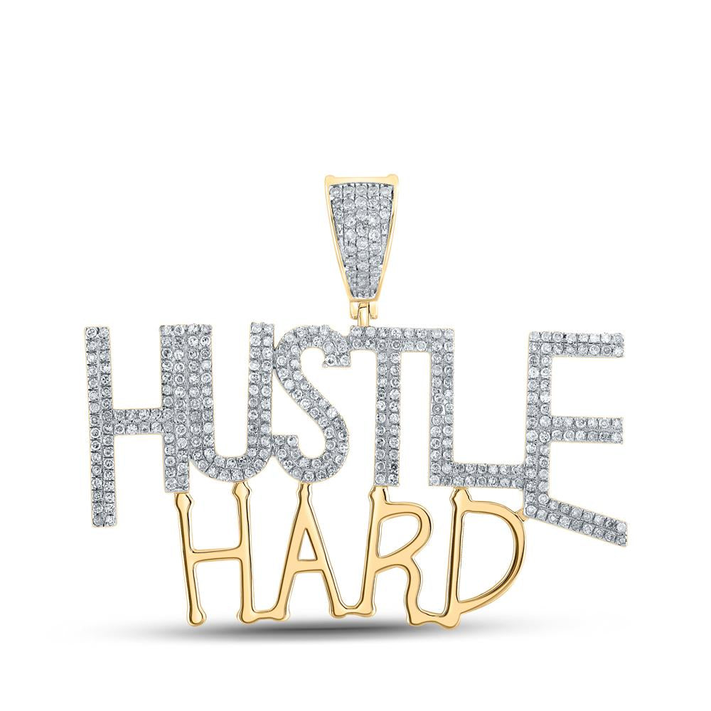 10kt Yellow Gold Mens Round Diamond Hustle Hard Phrase Charm Pendant 1 Cttw
