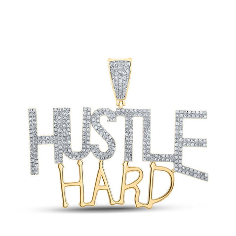10kt Yellow Gold Mens Round Diamond Hustle Hard Phrase Charm Pendant 1 Cttw