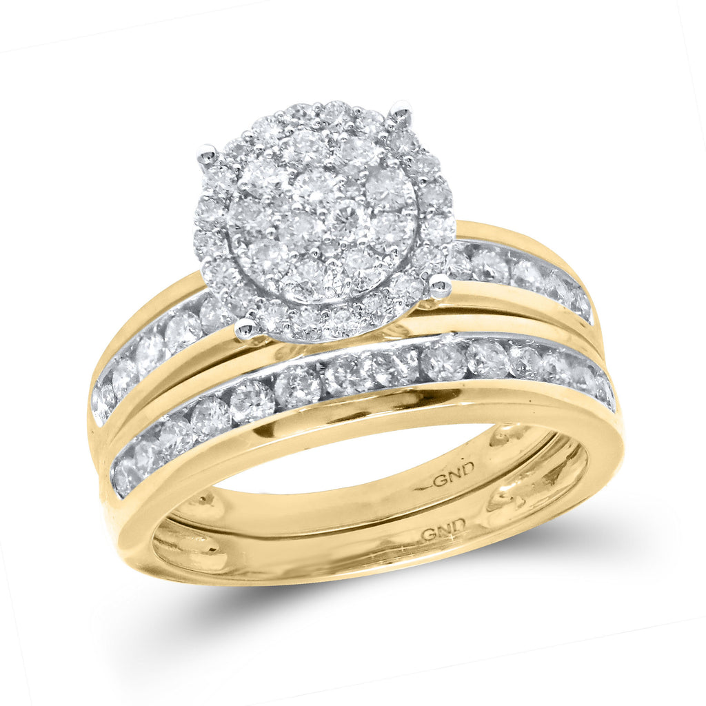 14kt Yellow Gold His Hers Round Diamond Cluster Matching Wedding Set 1-1/2 Cttw