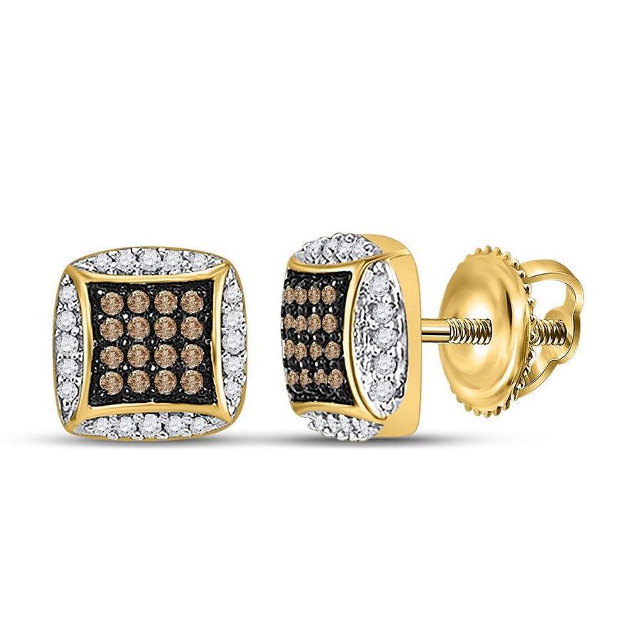 10kt Yellow Gold Womens Round Brown Diamond Square Cluster Earrings 1/3 Cttw