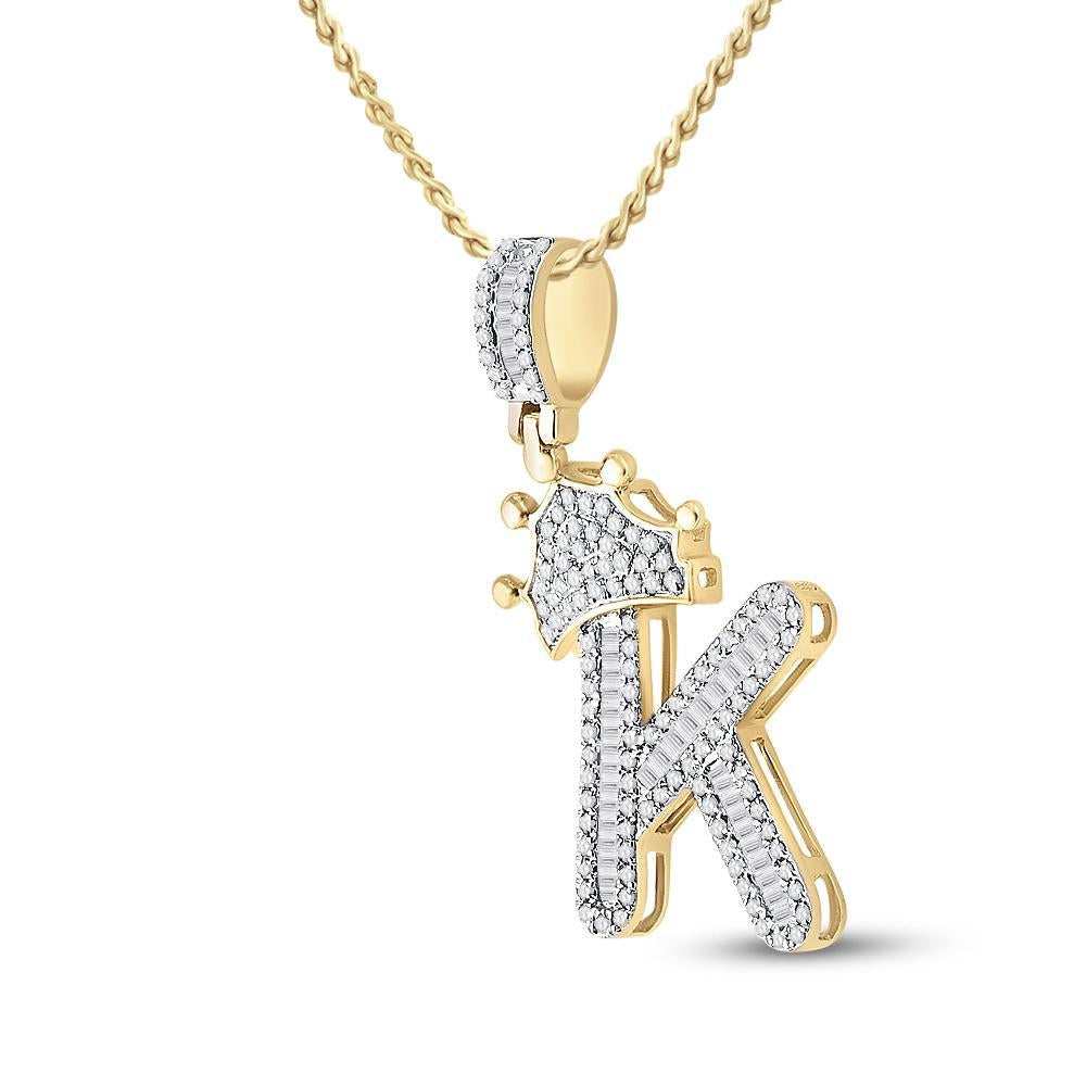10kt Yellow Gold Mens Baguette Diamond Crown K Letter Charm Pendant 5/8 Cttw