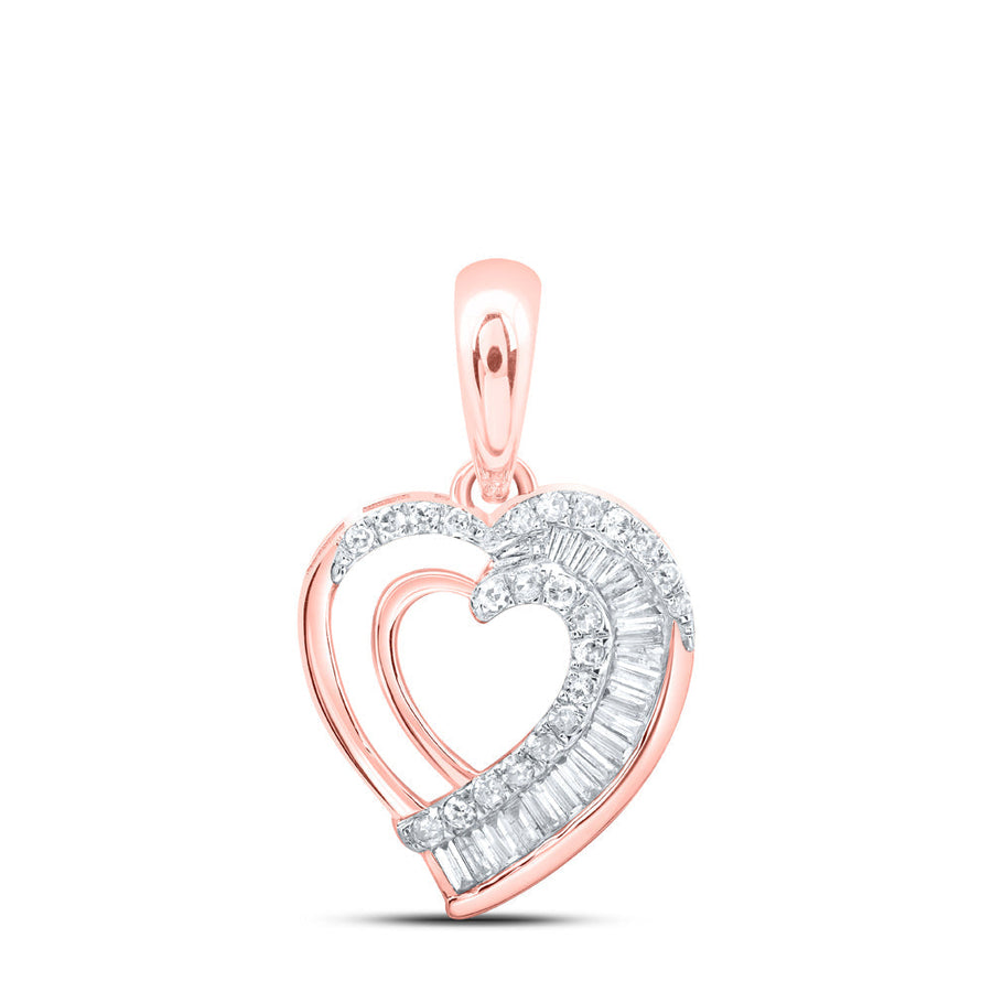 10kt Rose Gold Womens Baguette Diamond Heart Pendant 1/4 Cttw