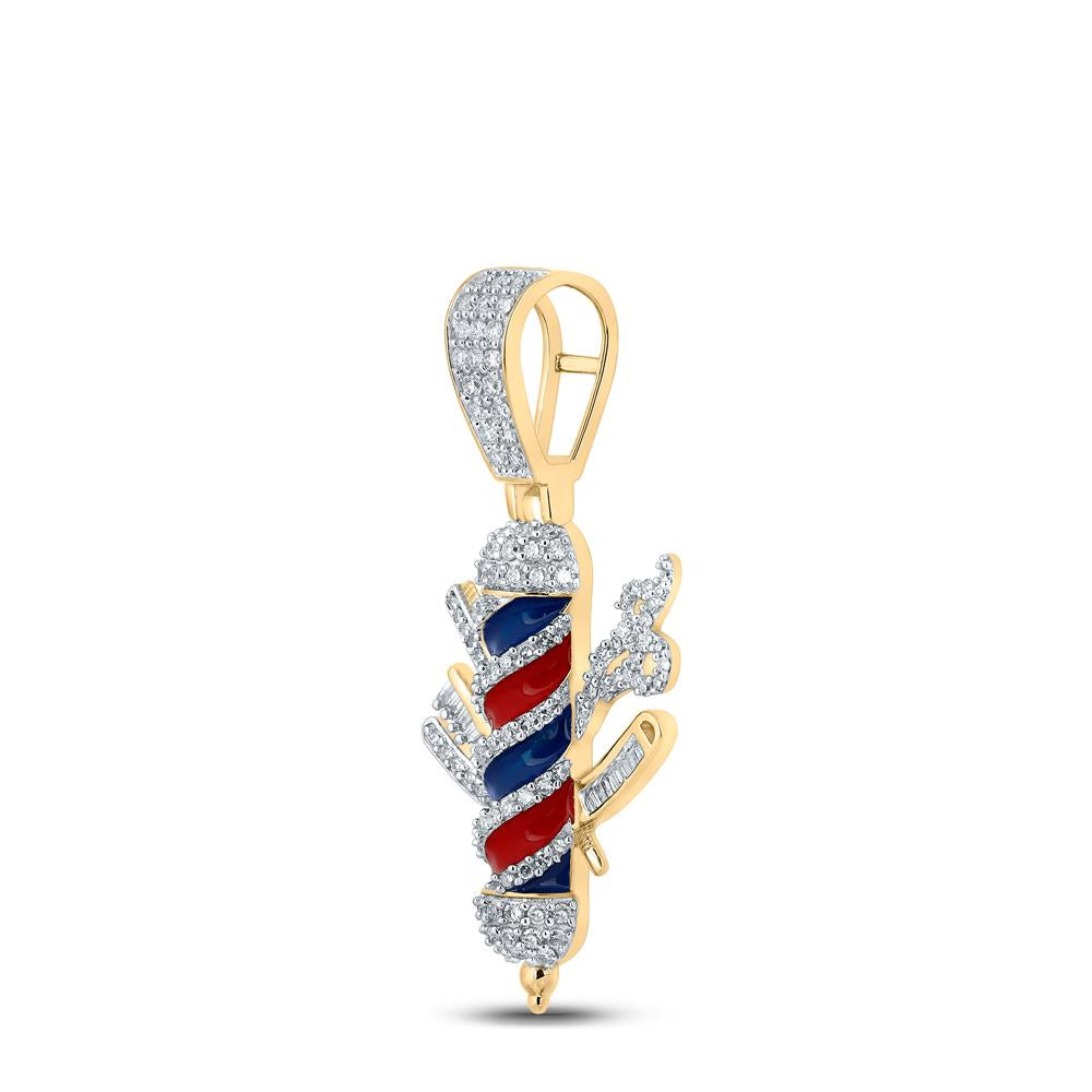 10kt Yellow Gold Mens Baguette Diamond Barber Pole Charm Pendant 7/8 Cttw