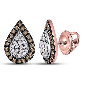 10kt Rose Gold Womens Round Brown Diamond Teardrop Cluster Earrings 1/5 Cttw