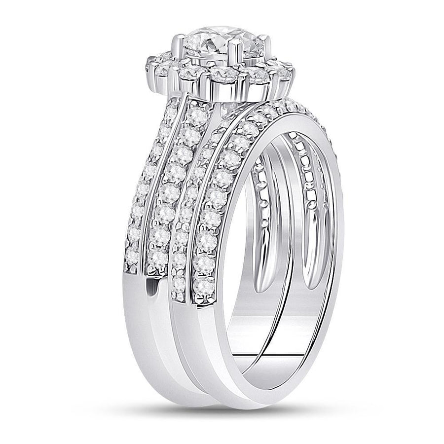 14kt White Gold Round Diamond Halo Bridal Wedding Ring Band Set 1-7/8 Cttw