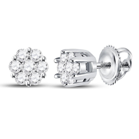 14kt White Gold Womens Round Diamond Flower Cluster Earrings 1/4 Cttw