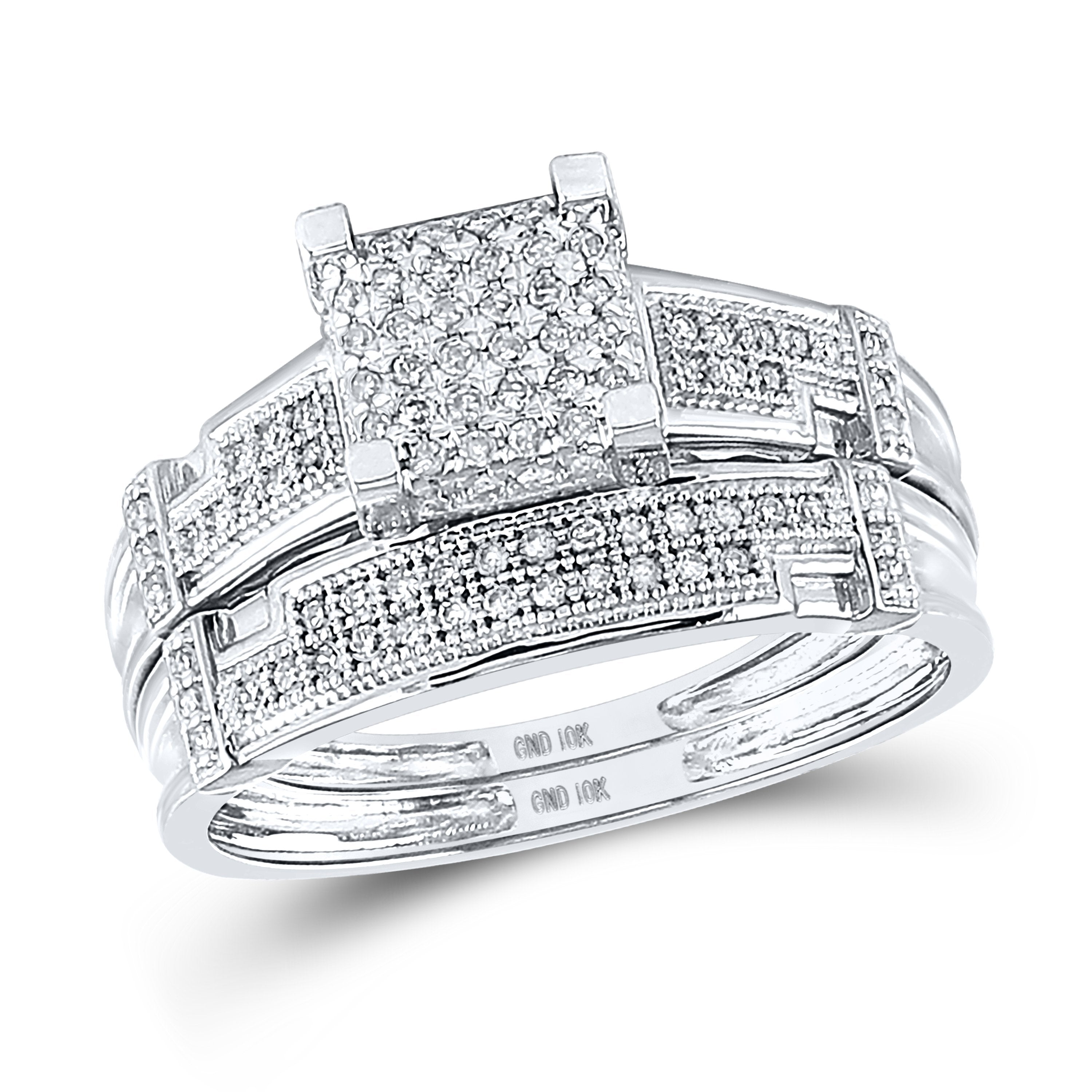 10kt White Gold His Hers Round Diamond Square Matching Wedding Set 1/2 Cttw