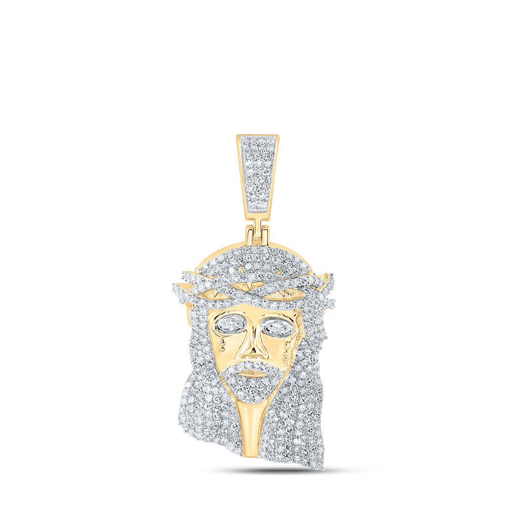10kt Yellow Gold Mens Round Diamond Jesus Face Charm Pendant 2-1/3 Cttw