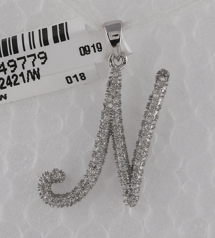 10kt White Gold Womens Round Diamond Cursive Letter N Pendant 1/5 Cttw