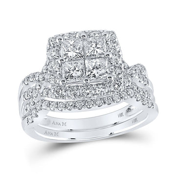 14kt White Gold Princess Diamond Square Bridal Wedding Ring Band Set 1-7/8 Cttw