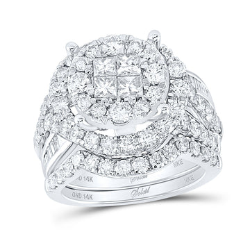 14kt White Gold Princess Diamond Cluster Bridal Wedding Ring Band Set 3 Cttw